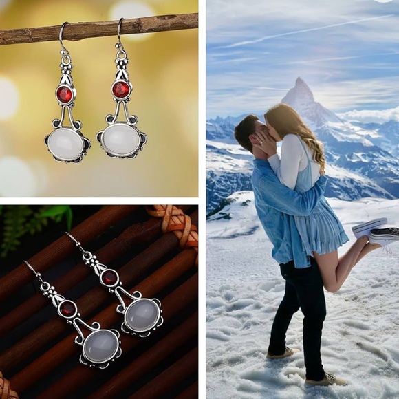 Moonstone And Ruby Silver Romantic Drop Earrings - Picture 6 of 13